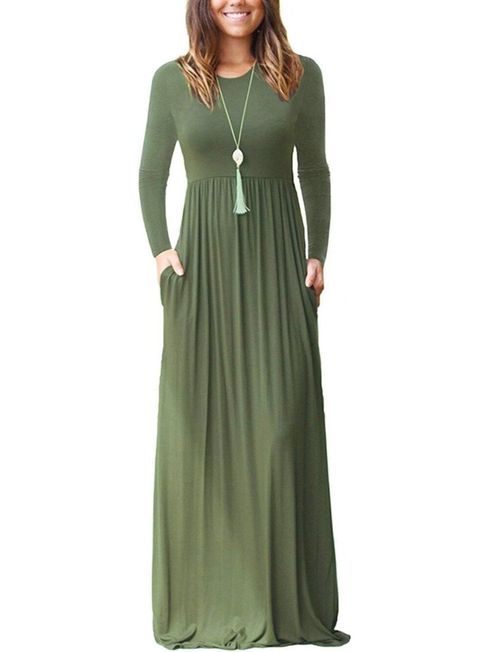 Women's Army Green Crew Neck Long Sleeve Pull On Casual Soft Pockets Maxi Dress